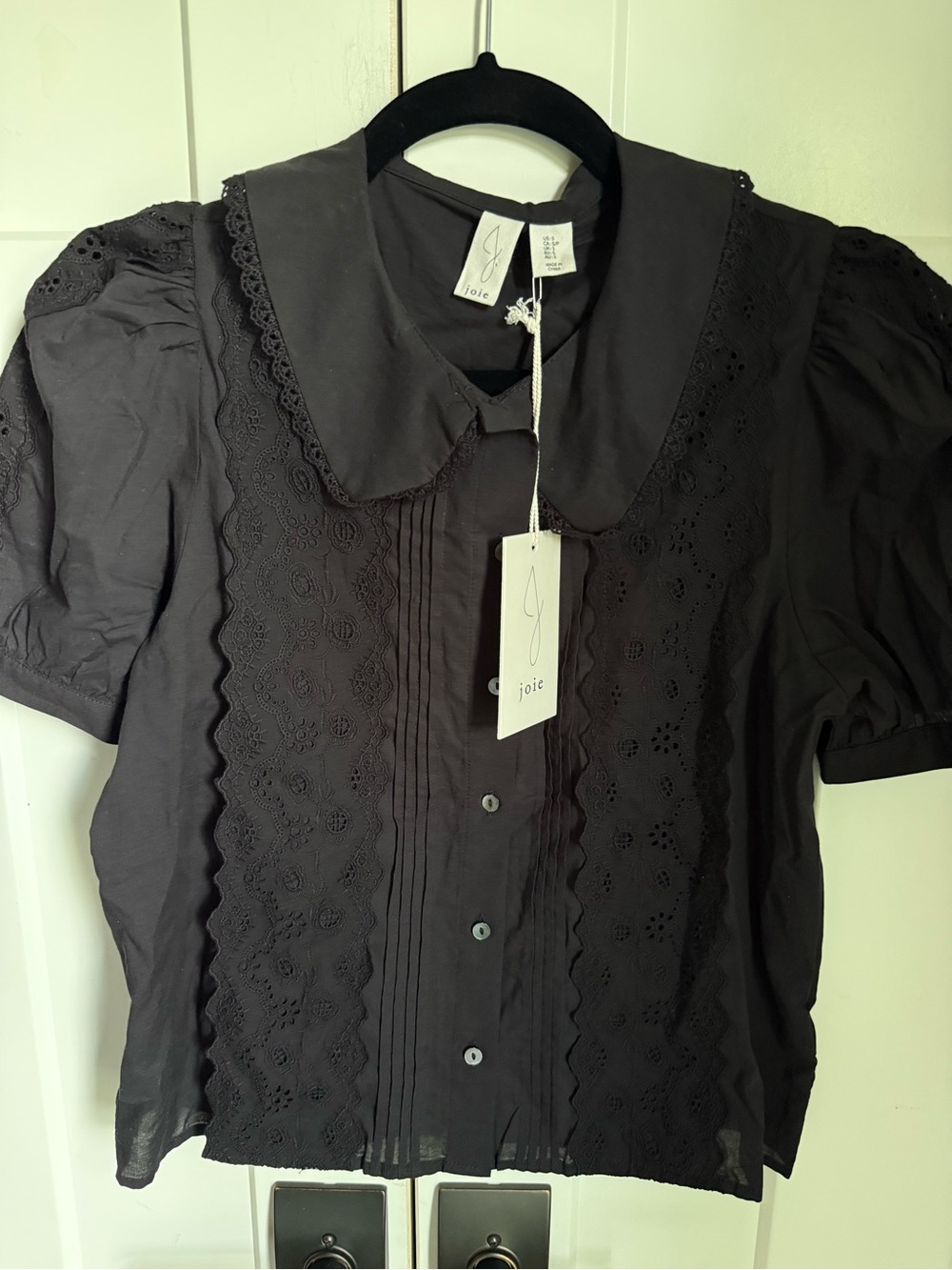 NWT Joie Black Eyelet Peter Pan Collar Blouse size S.